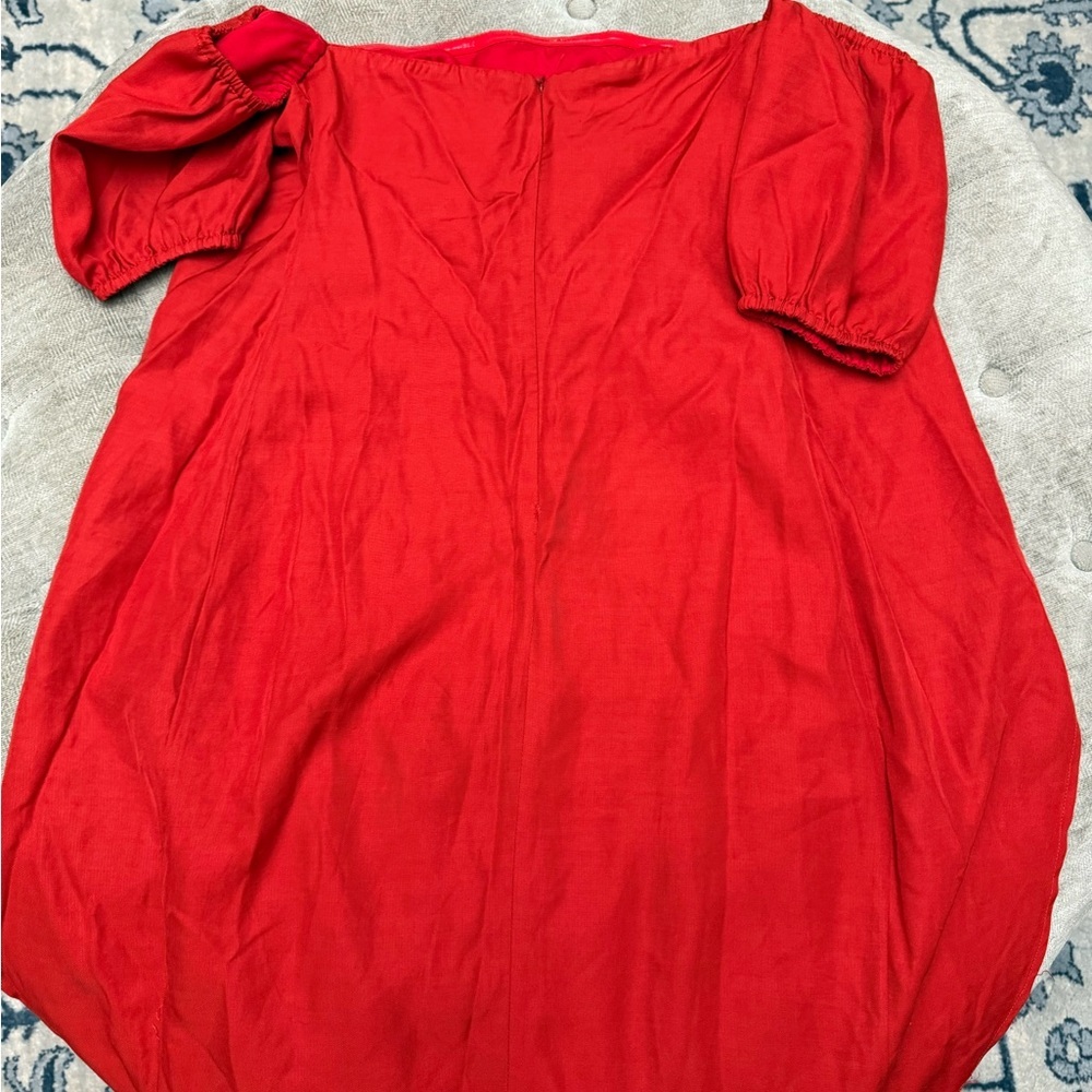 LPA The Label Dress 146 red tie front off shoulder puff sleeve linen viscose S - Picture 8 of 11